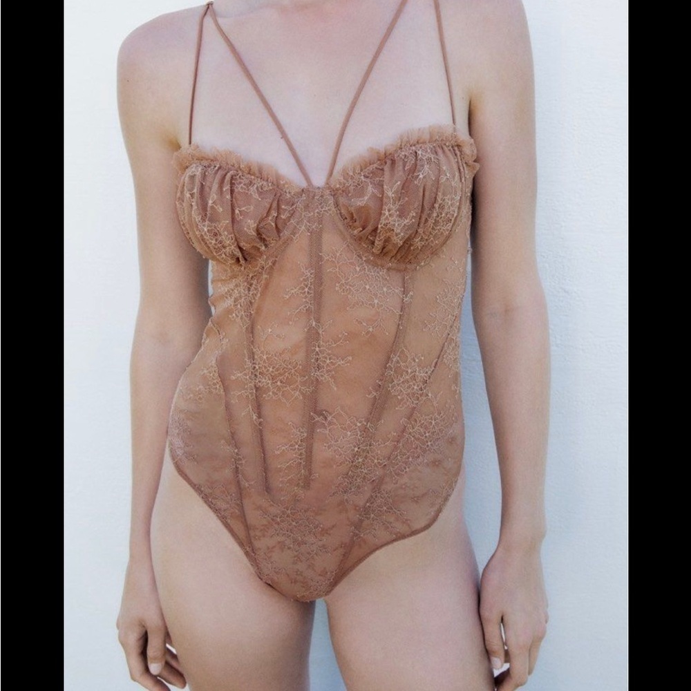 Zara Sz M Tan Lace Corset Dainty Sexy Bodysuit